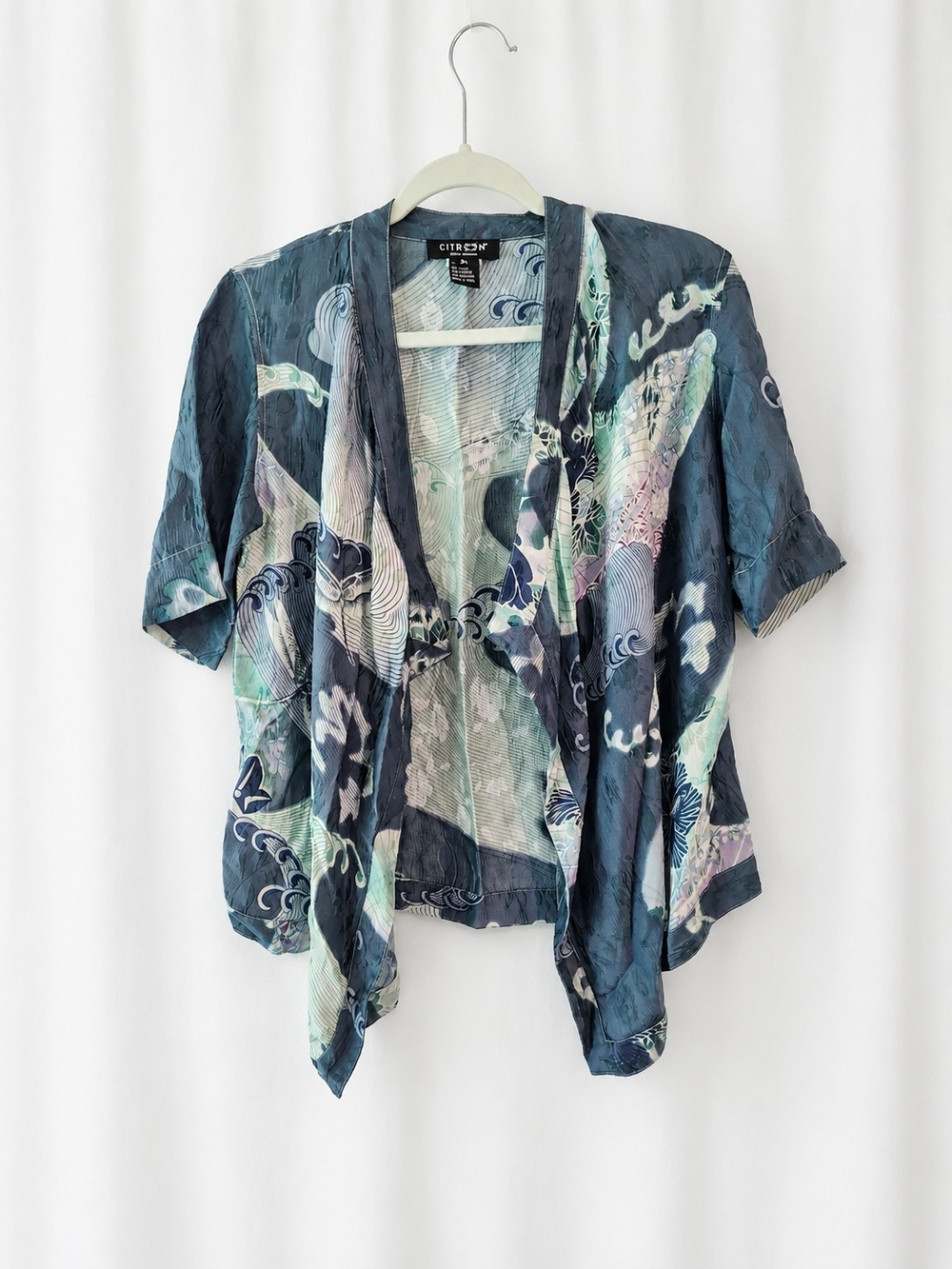 Citron Santa Monica Silk Blend Watercolor Wave Kimono Bolero Japanese Art PS